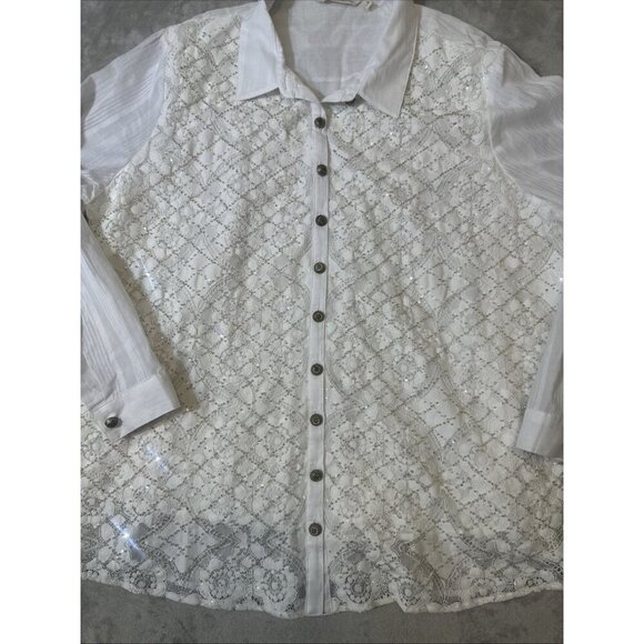 Women’s Soft Surroundings Button Up Blouse embroidered beaded White Plus 3X - Picture 4 of 14